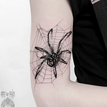 Татуировка женская графика на плече паук на паутине