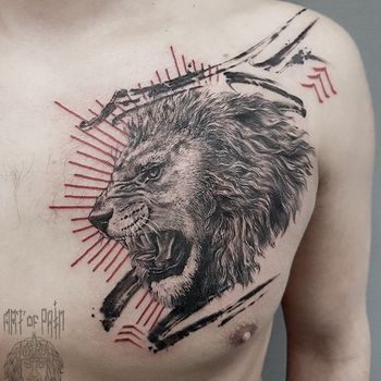 Татуировка мужская графика и треш полька на груди лев 