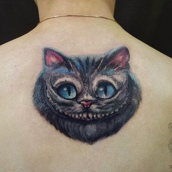 татуировка женская фентези на спине чеширский кот