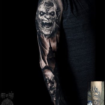 Татуировка мужская хоррор тату-рукав монстр, девушка кавер