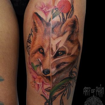 Татуировка женская реализм на бедре лиса