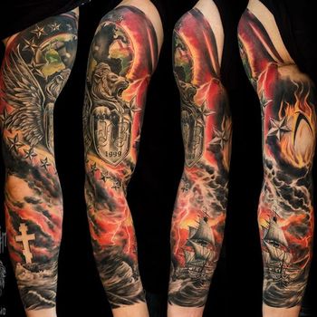 Татуировка мужская реализм на руке «Корабль, лев и гроза»