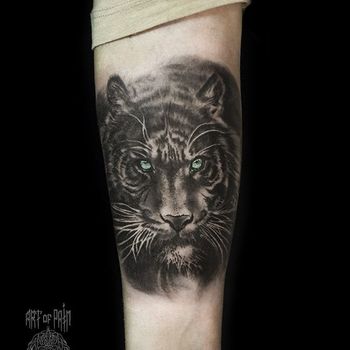 Татуировка мужская реализм на предплечье тигр с зелёными глазами