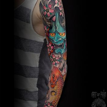 Татуировка мужская япония тату-рукав карп, ханья, сакура