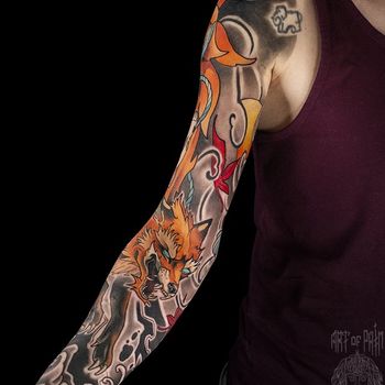Татуировка мужская япония тату-рукав кицуне