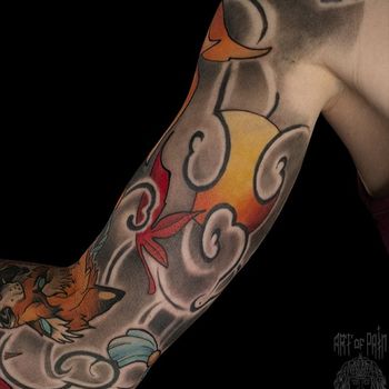 Татуировка мужская япония на руке кицуне