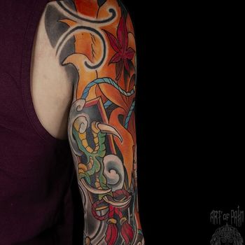 Татуировка мужская япония на плече кицуне
