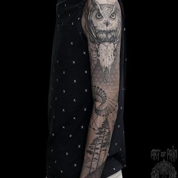 Татуировка мужская графика тату-рукав сова, череп, орнамент, лес