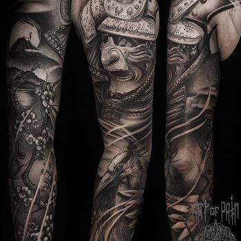 Татуировка мужская black&grey тату-рукав самурай и журавль