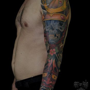 Татуировка мужская япония тату-рукав череп и ханья