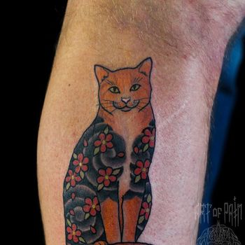 Татуировка мужская япония на голени кот