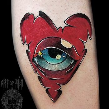 Татуировка мужская нью-скул на голени сердце