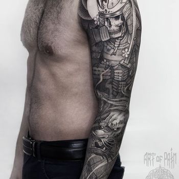 Татуировка мужская графика тату-рукав мертвый самурай