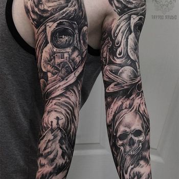 Татуировка мужская графика тату-рукав череп, космонавт, вселенная
