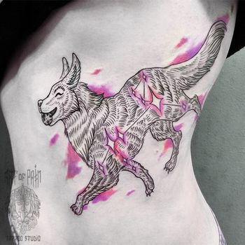 Татуировка женская графика на ребрах собака