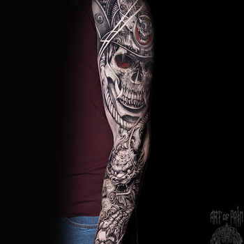 Татуировка мужская реализм тату-рукав черепа и дракон