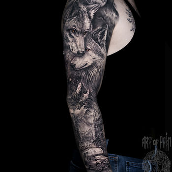 Татуировка мужская реализм тату-рукав волки