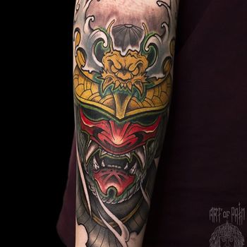 Татуировка мужская япония на предплечье маска воина