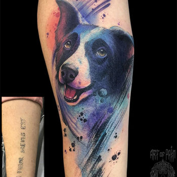 Татуировка мужская акварель на предплечье собака
