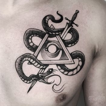 Татуировка мужская дотворк на груди «Змея, треугольник и кинжал»
