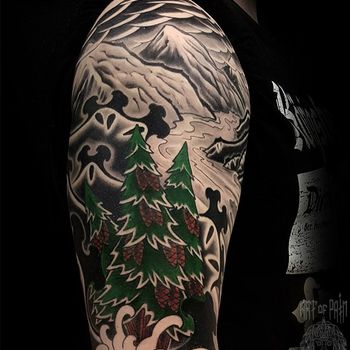 Татуировка мужская япония на плече лес