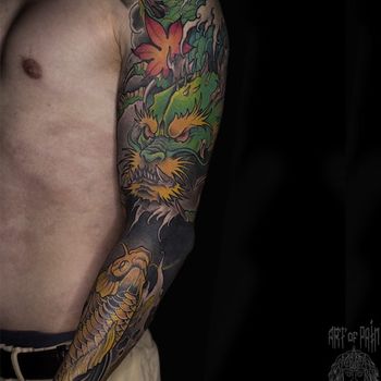 Татуировка мужская япония тату-рукав дракон и карп
