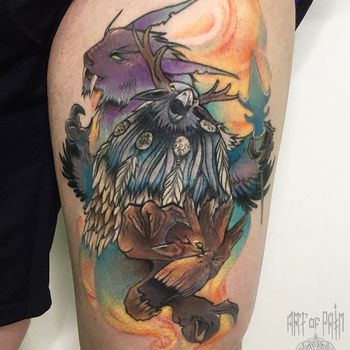 Татуировка мужская нью-скул на бедре друиды из World of Warcraft