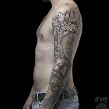 Татуировка мужская графика тату-рукав растения и орнамент