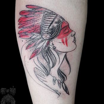 Татуировка женская графика на голени Скво