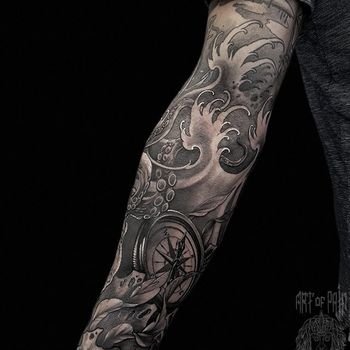 Татуировка мужская графика и япония тату-рукав осьминог, якорь, компас