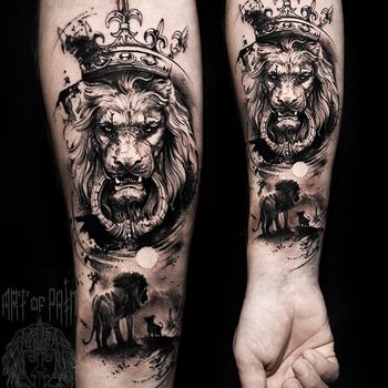 Татуировка мужская графика на предплечье лев с короной