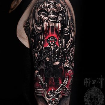 Татуировка мужская треш полька на плече Лемми Моторхэд