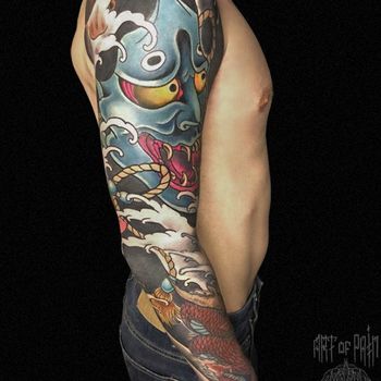 Татуировка мужская япония тату-рукав синяя маска ханья