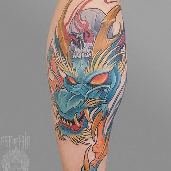 Татуировка мужская нью-скул на голени дракон