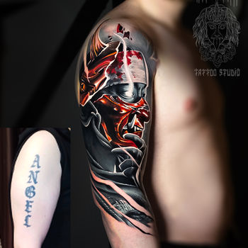 Татуировка мужская реализм и япония на плече самурай