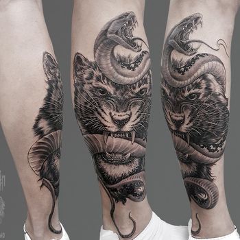Татуировка мужская графика на голени тигр и змея