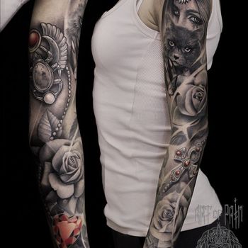 Татуировка женская black&grey на тату-рукав скарабей, девушка, кошка, анкх