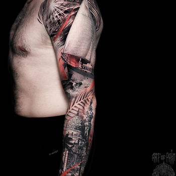 Татуировка мужская реализм тату-рукав корабль, дворец