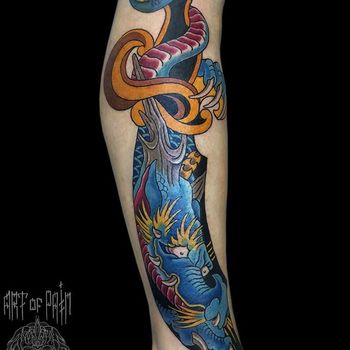Татуировка мужская япония на икре дракон