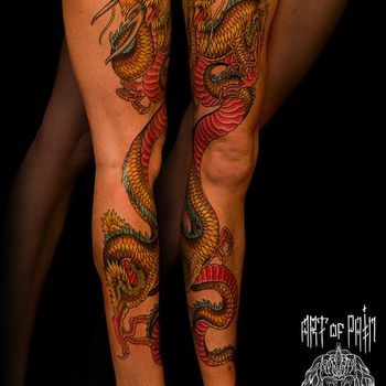 Татуировка женская япония на ноге дракон