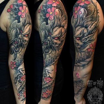 Татуировка мужская Япония рукав дракон и цветы