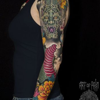 Татуировка женский рукав в стиле Япония с драконом