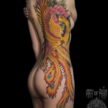 Татуировка женская япония на боку феникс