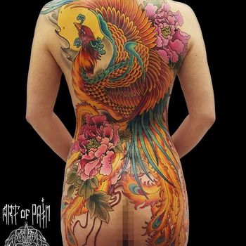 Татуировка женская япония на спине феникс