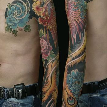 Татуировка мужская япония рукав павлин