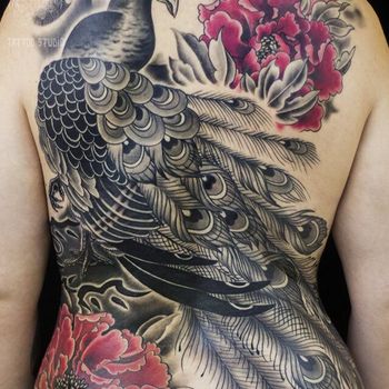 Татуировка женская япония на спине павлин