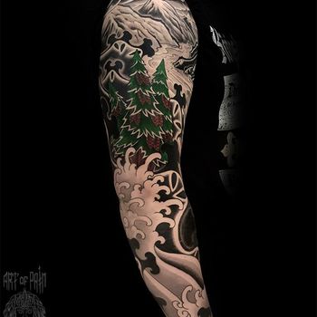 Татуировка мужская япония тату-рукав лес