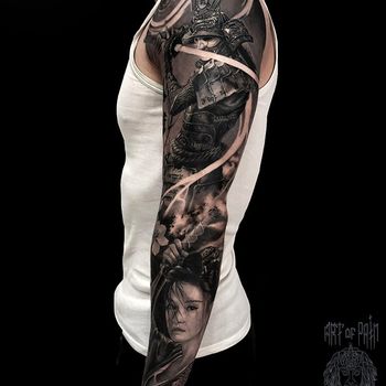 Татуировка мужская реализм тату-рукав самурай, гейша