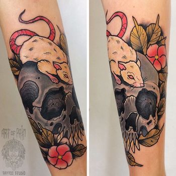 Татуировка мужская нью скул на предплечье череп и крыса