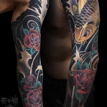 Татуировка мужская япония тату-рукав карп и розы